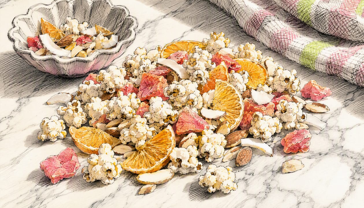 Close-up colorful tropical fruit popcorn mix