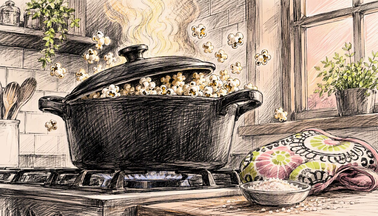 Popcorn popping on stovetop pan