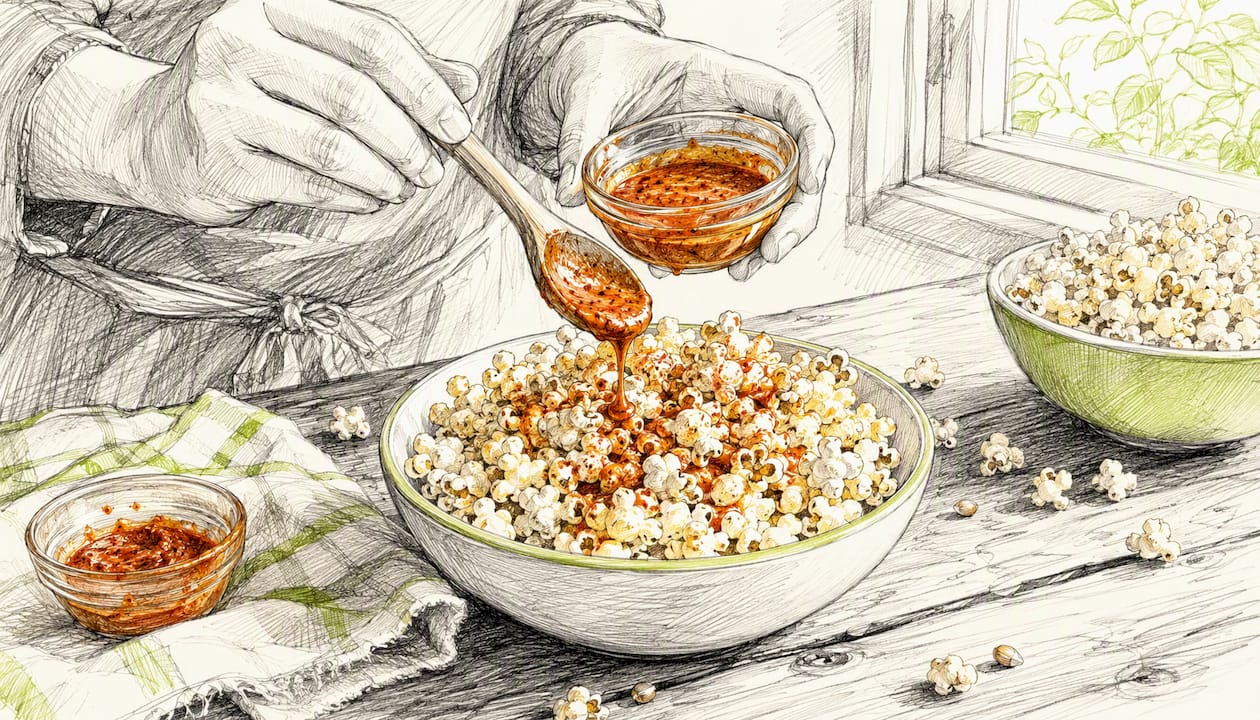 Hands sprinkling seasoning on popcorn