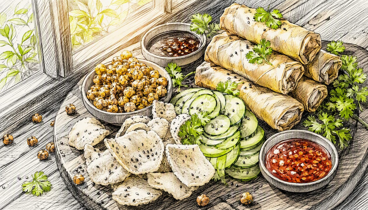 Asian snack board arranged on table