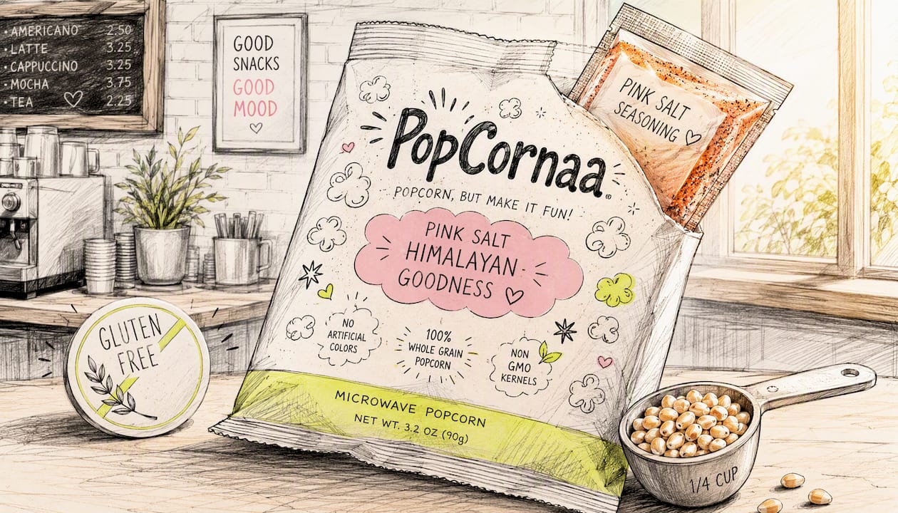 Close-up illustration of microwave popcorn bag and flavour packet