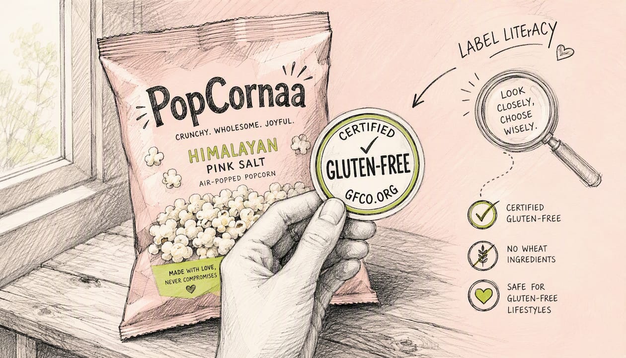 Hand holding gluten-free label near popcorn bag