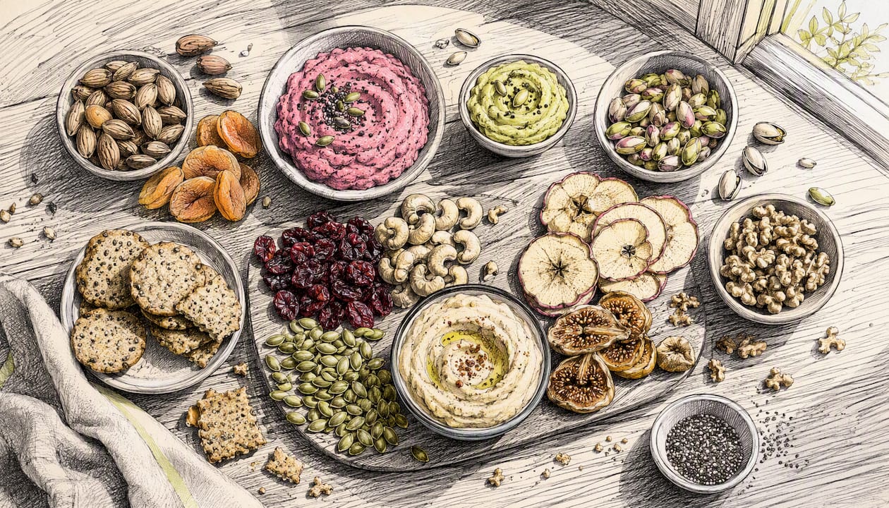 Overhead assortment of whole-food plant snacks