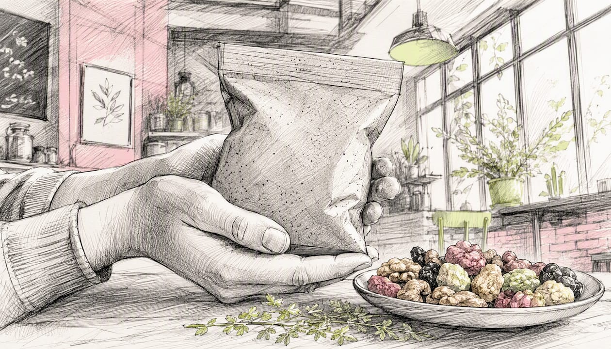 Hands holding recycled snack packaging close-up
