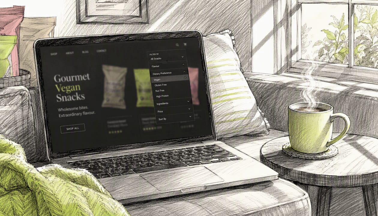 Laptop and snack packages on kitchen counter