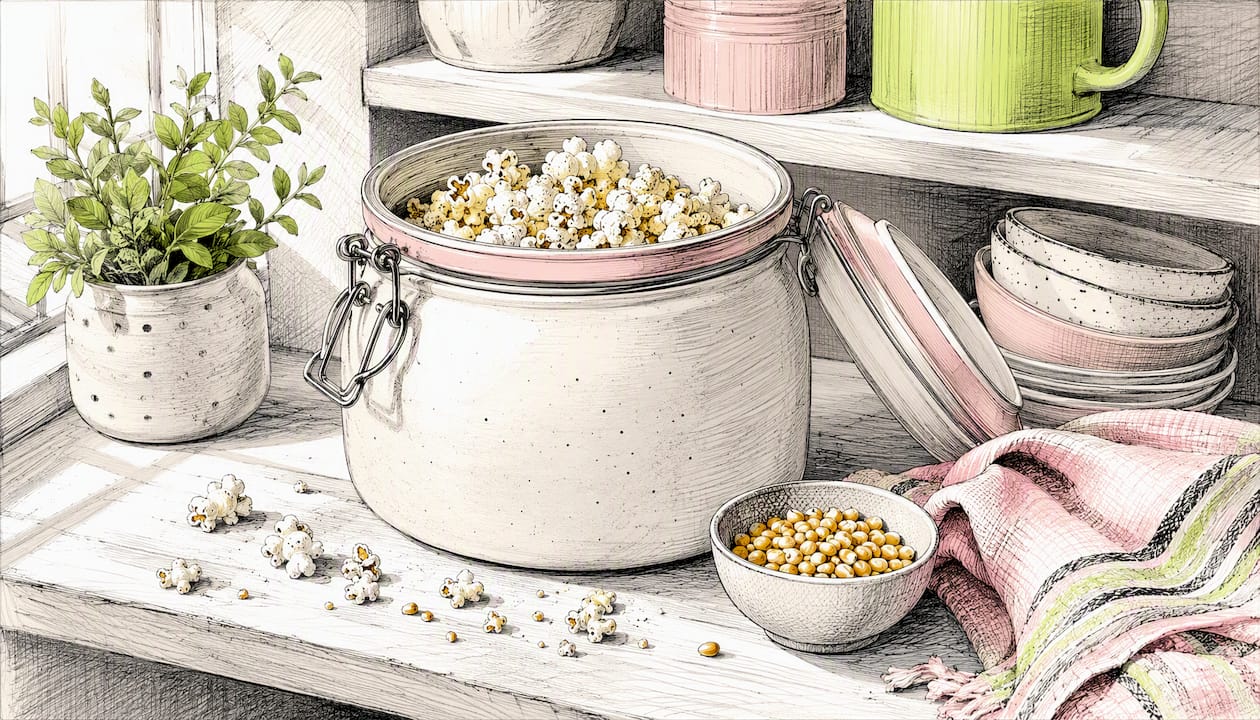 Airtight jar storing fresh popcorn on kitchen counter