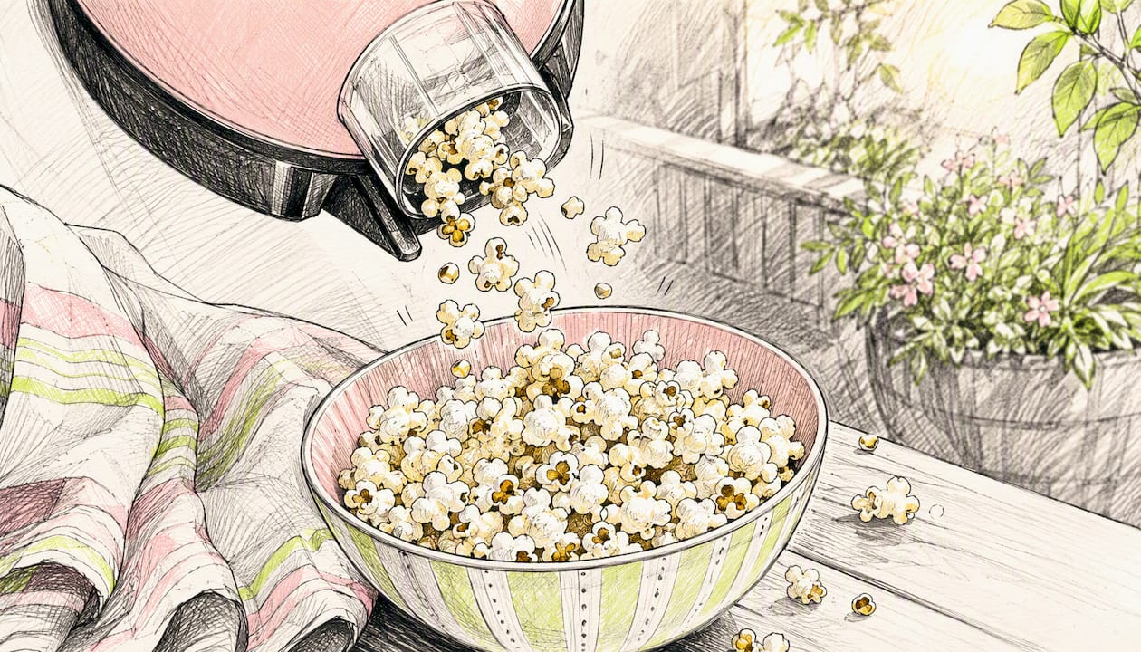 Popcorn popping from hot-air popper into bowl