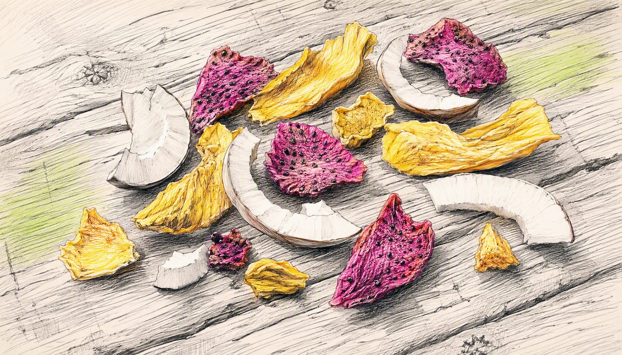 Assorted dried tropical fruit snacks close-up