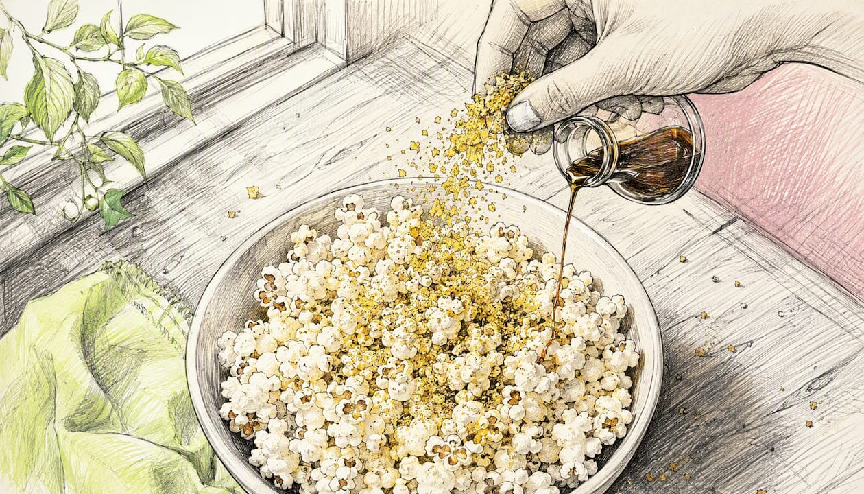 Hand sprinkling seasoning on popcorn