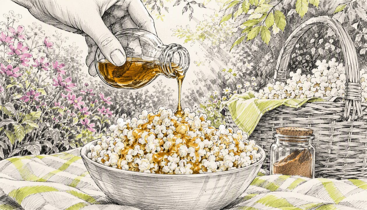 Hand drizzling syrup on popcorn in bowl
