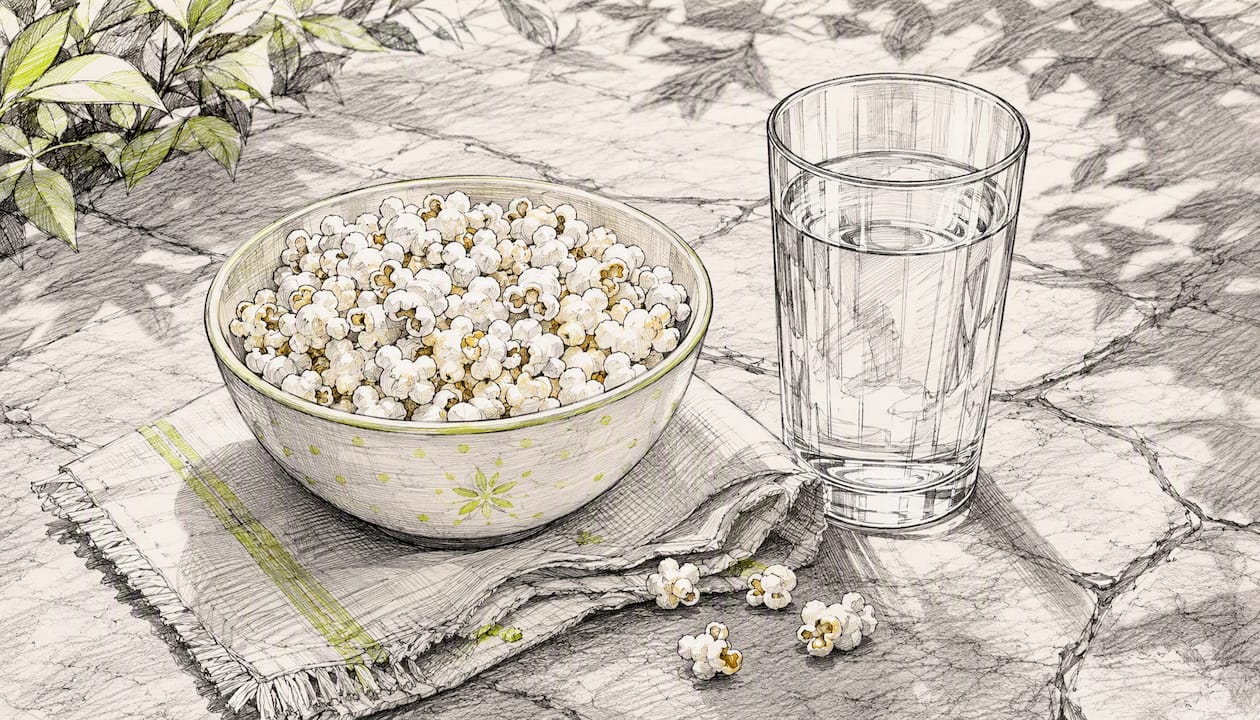 Glass of water with bowl of popcorn