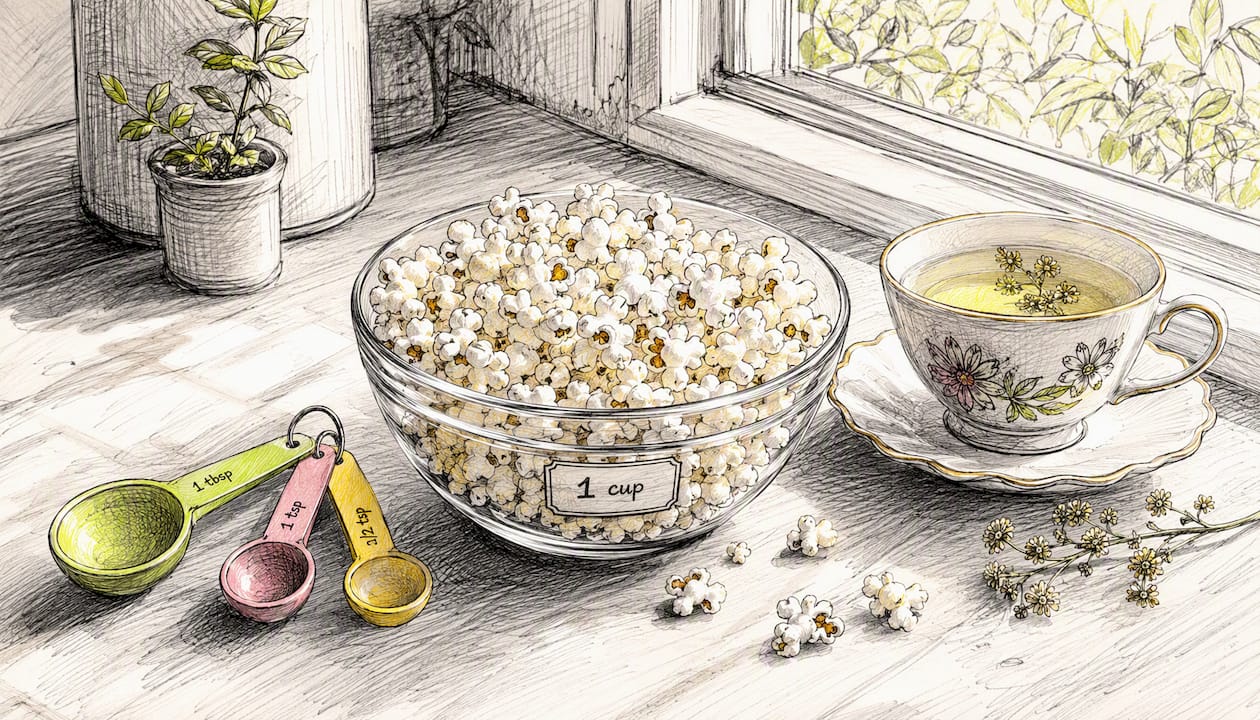 Single cup of air-popped popcorn on table