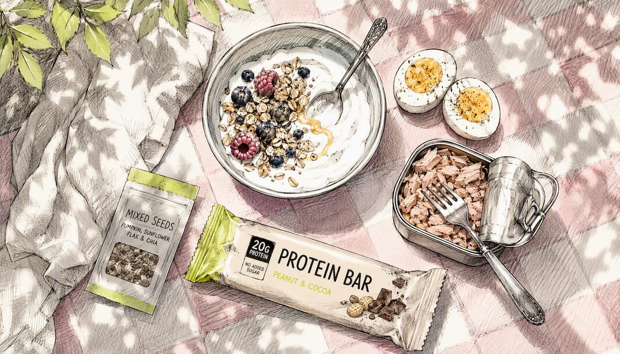 Whole foods and protein bar snack comparison flat lay