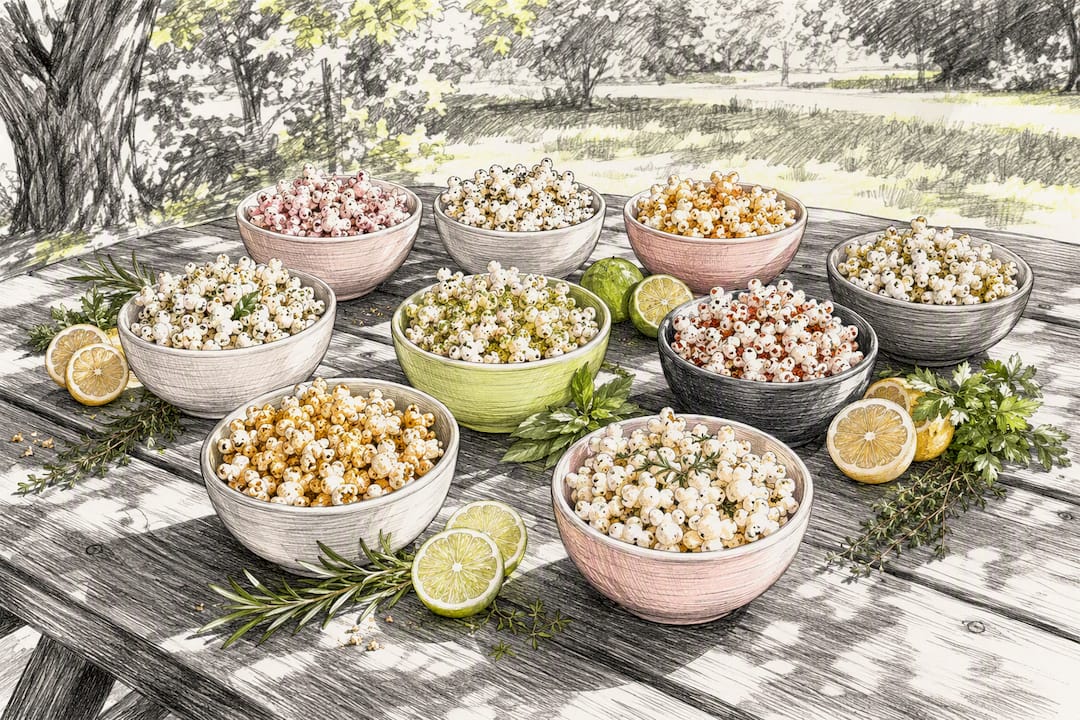 Popcorn bowls with assorted flavours on table