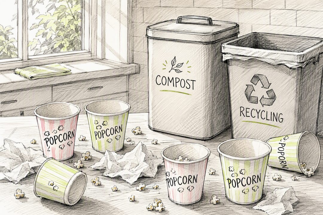 Popcorn tasting cleanup station with bins and cups