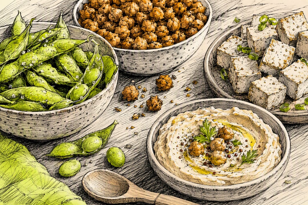 Close-up of legumes and plant protein snacks