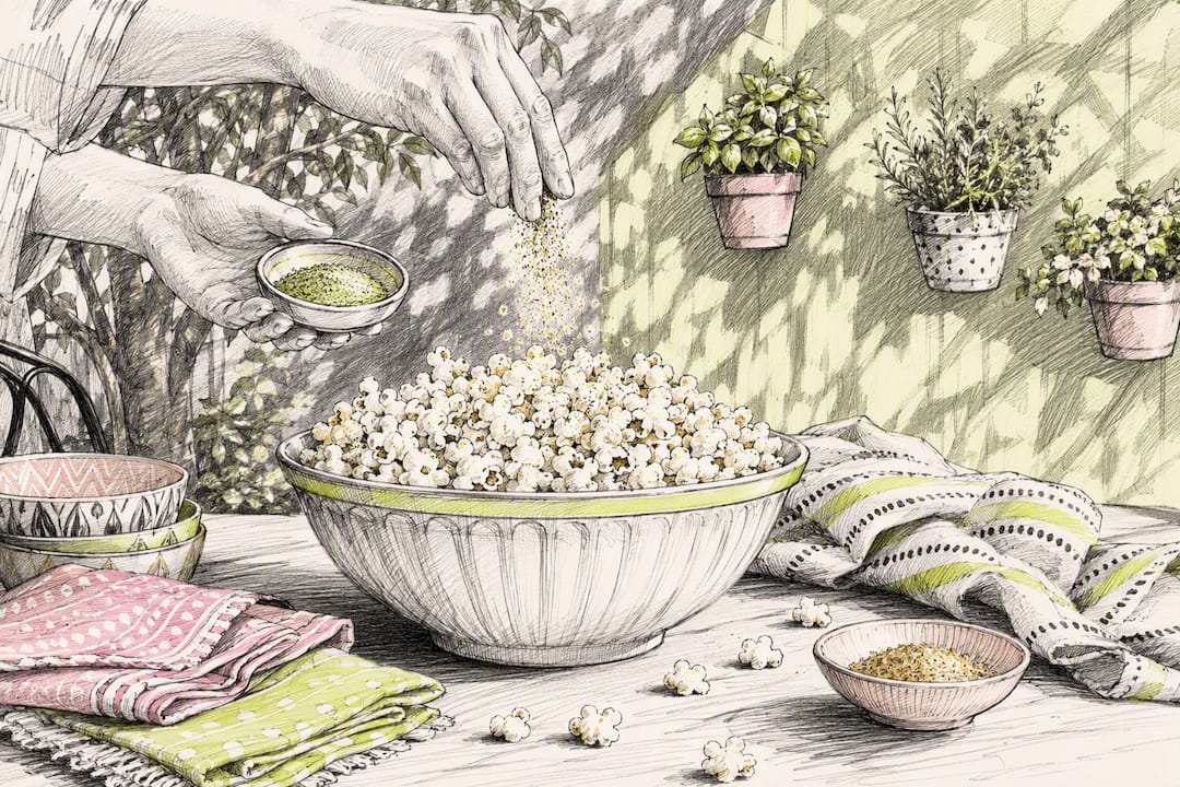 Seasoning air-popped popcorn on kitchen counter