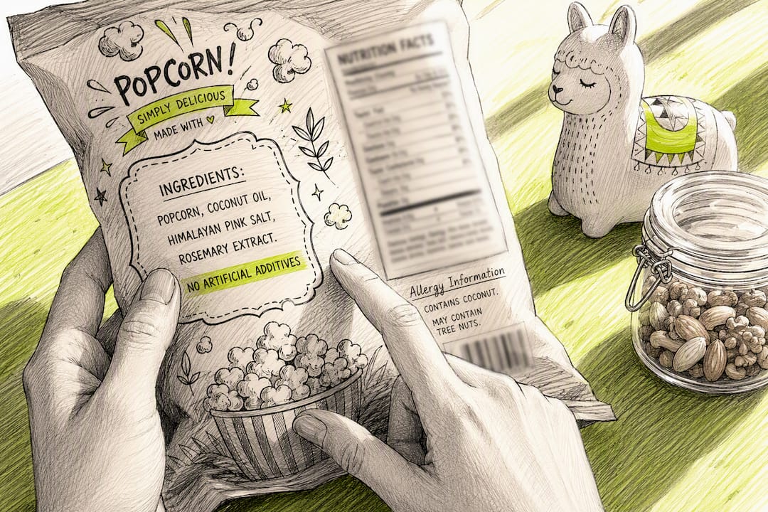 Hands examining popcorn bag ingredients