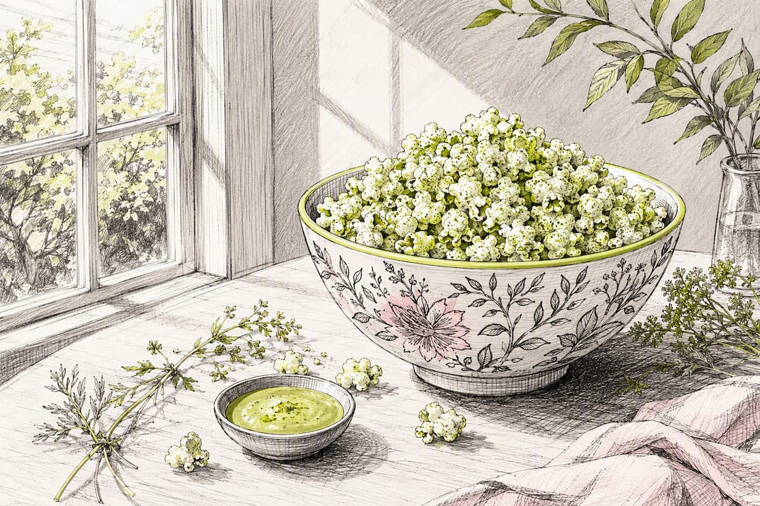 Bowl of wasabi popcorn on snack table