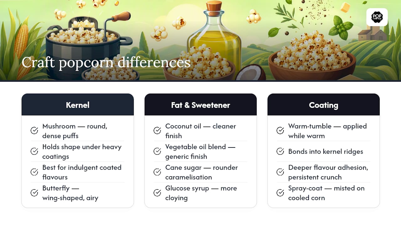 Diagram showing craft popcorn differences in kernel, fat, sweetener and coating