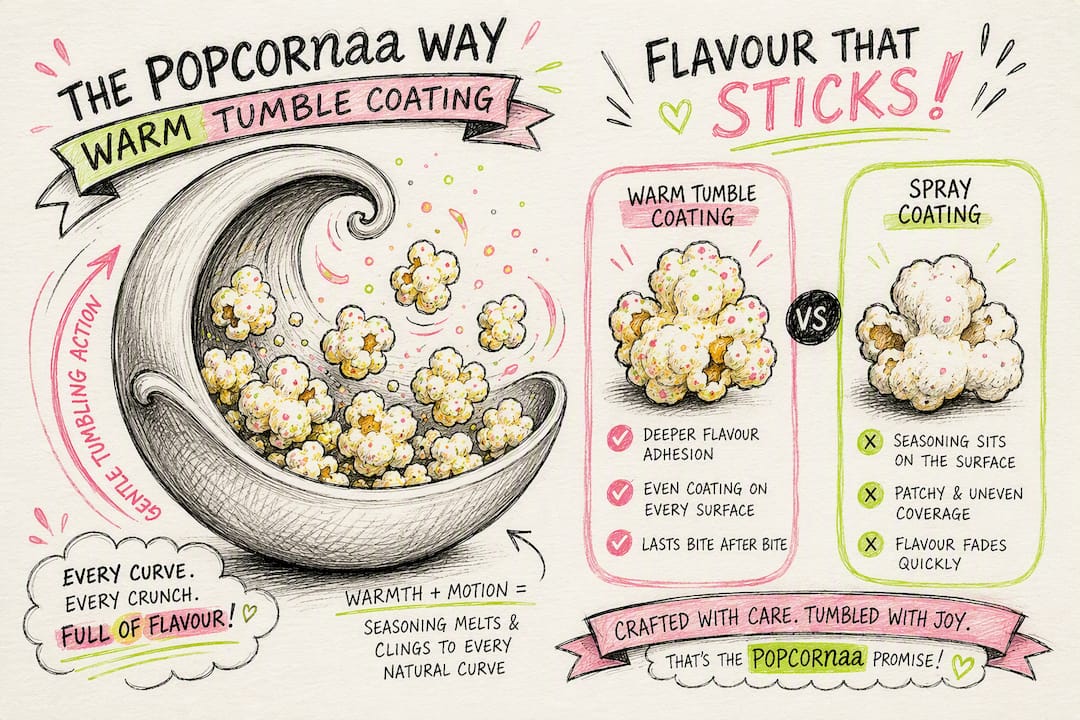 Illustration of craft popcorn warm tumble coating process
