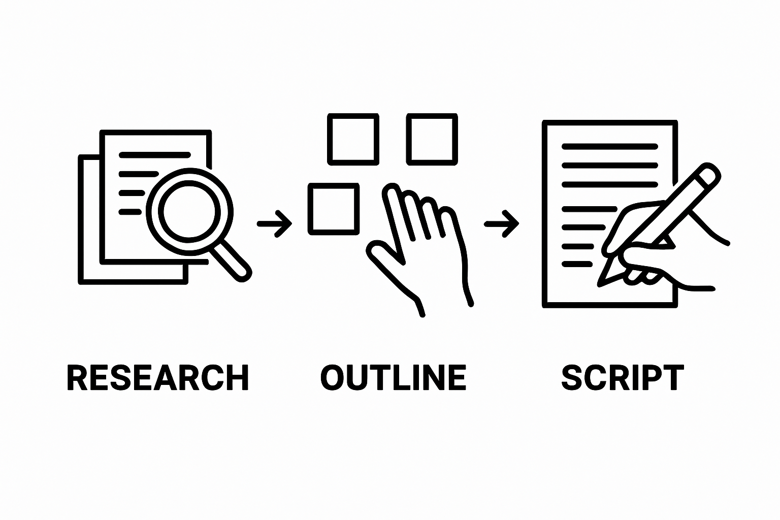 Simple three-step workflow from research to outline to script