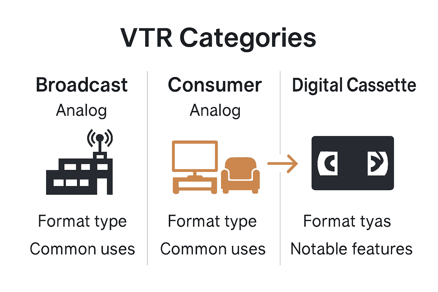 Infographic comparing broadcast, consumer, and digital video tape recorder formats.