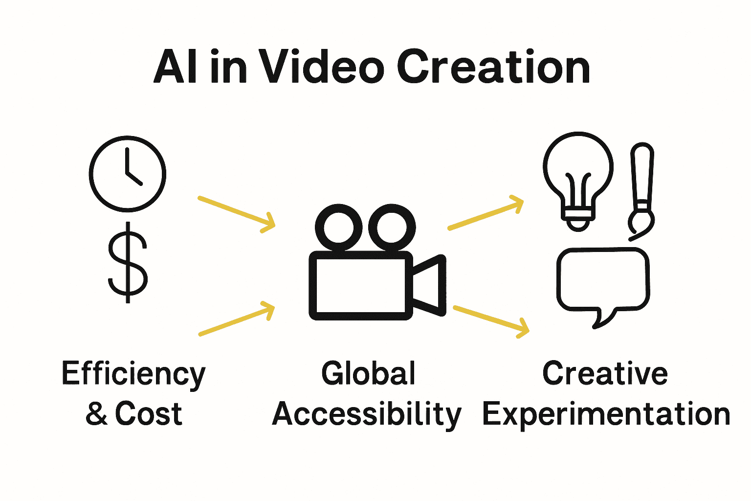 Infographic showing AI video creation benefits: efficiency, global accessibility, creativity.