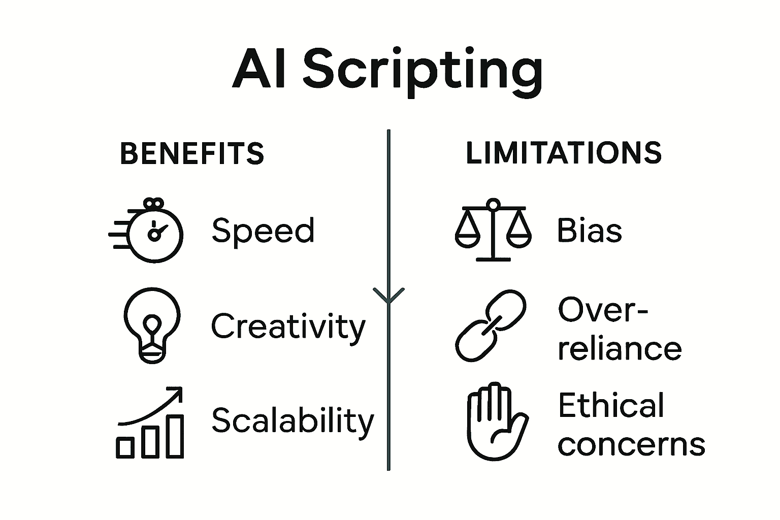 Infographic comparing AI scripting benefits versus limitations with icons and arrows