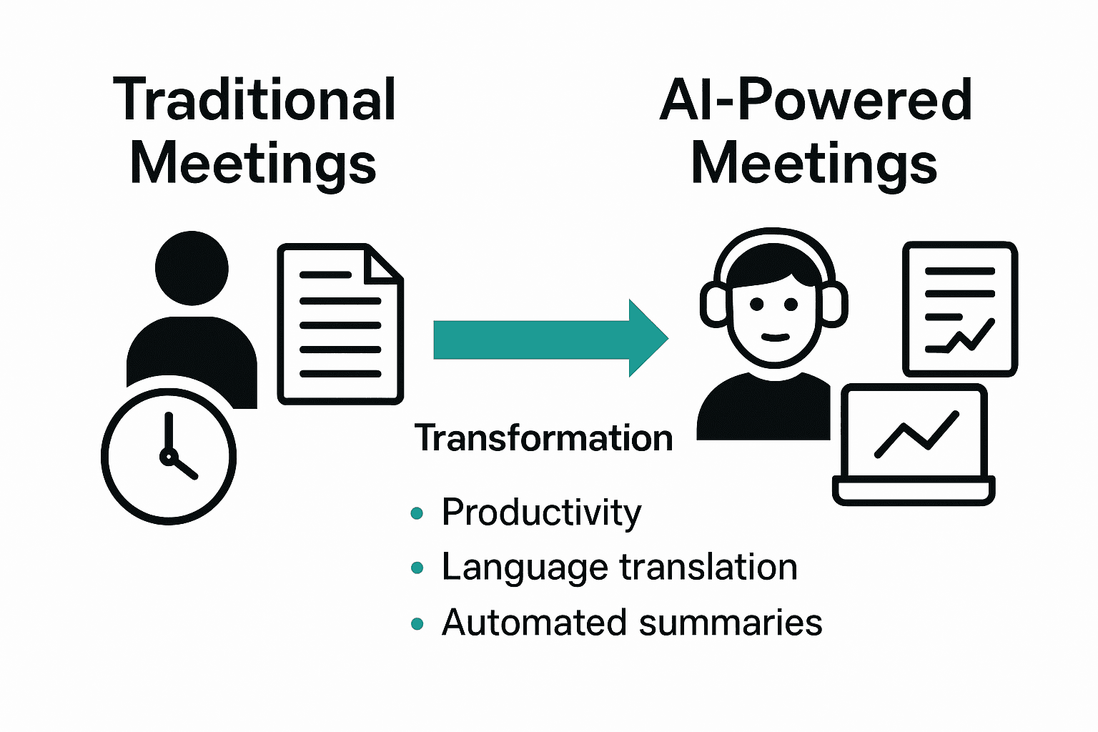 Infographic comparing traditional and AI-powered meetings using icons for paperwork and digital AI tools.
