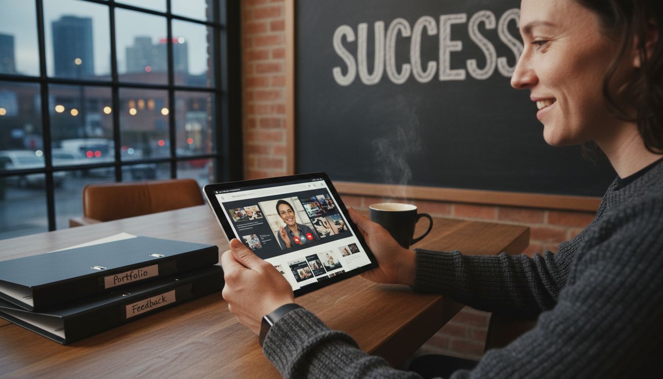 Freelancer video call with portfolio in cafe