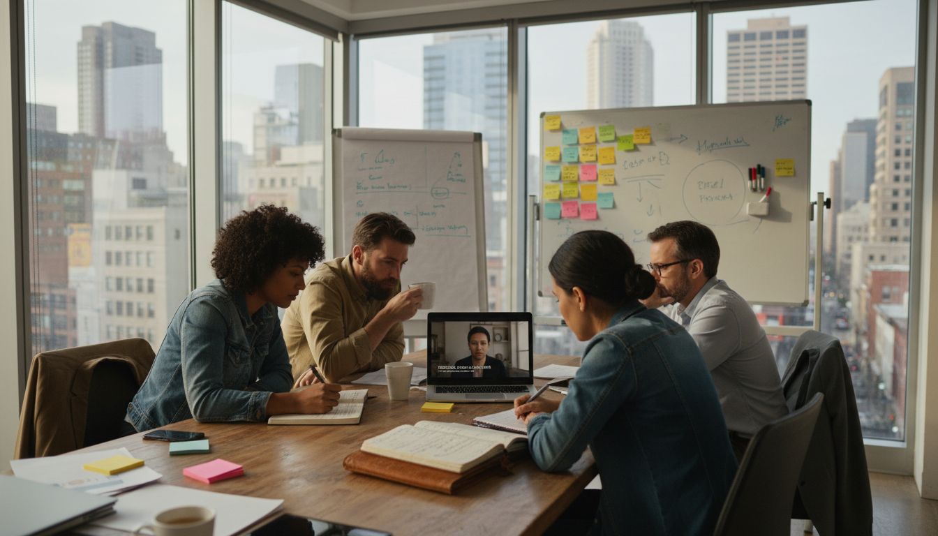 Team watching video feedback in office