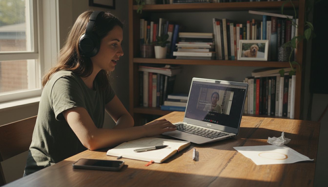 Woman records video feedback at desk