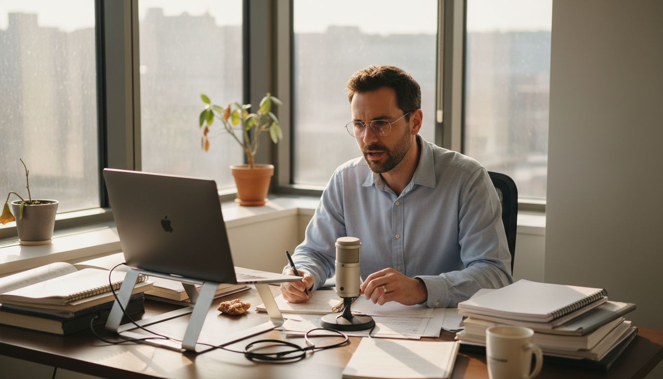 Man recording voice at bright corner desk