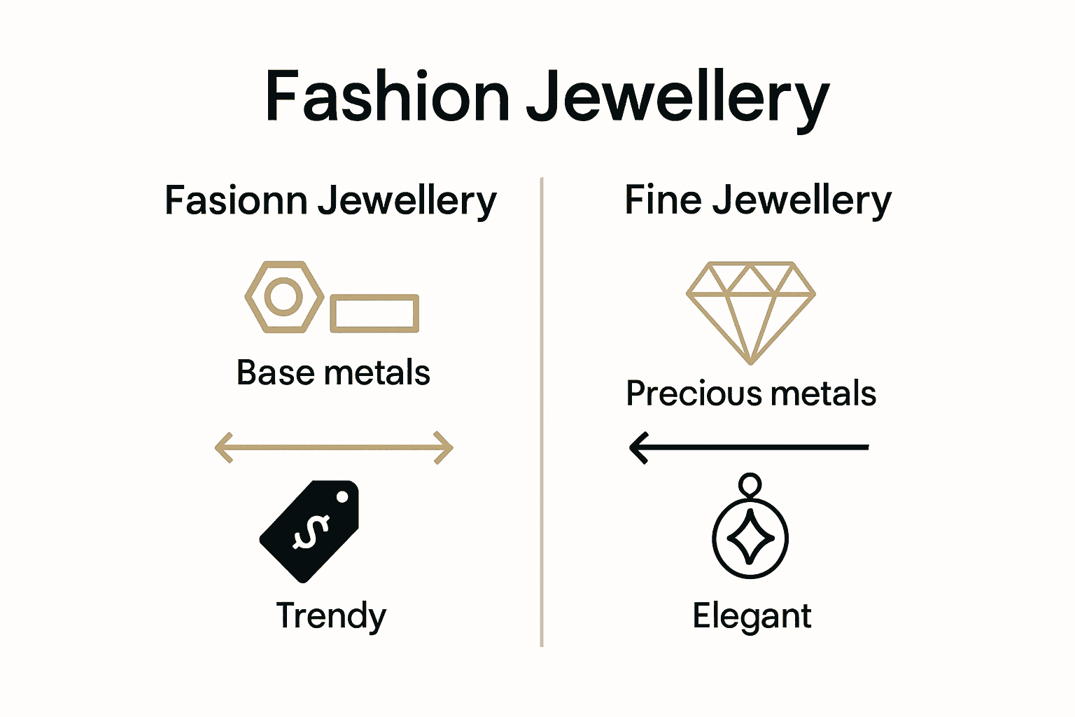 Infographic comparing fashion jewellery and fine jewellery features and costs.