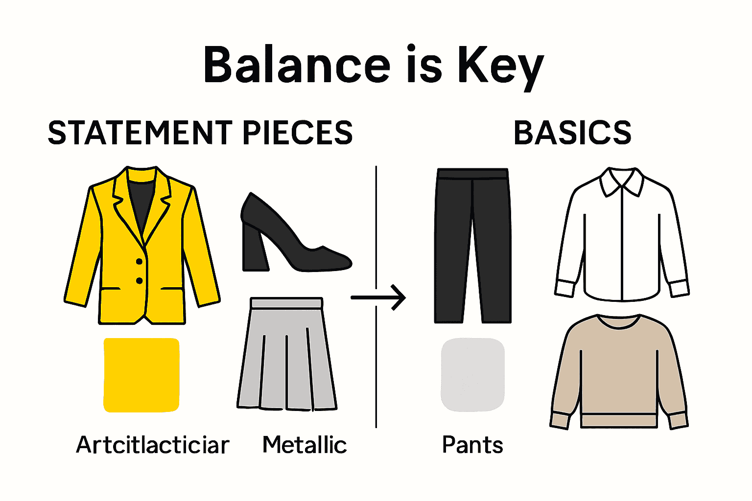 Infographic comparing statement fashion pieces with complementary basics.