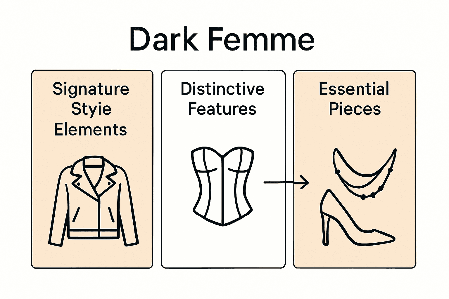 Dark femme style keys: elements, features, and wardrobe icons infographic.