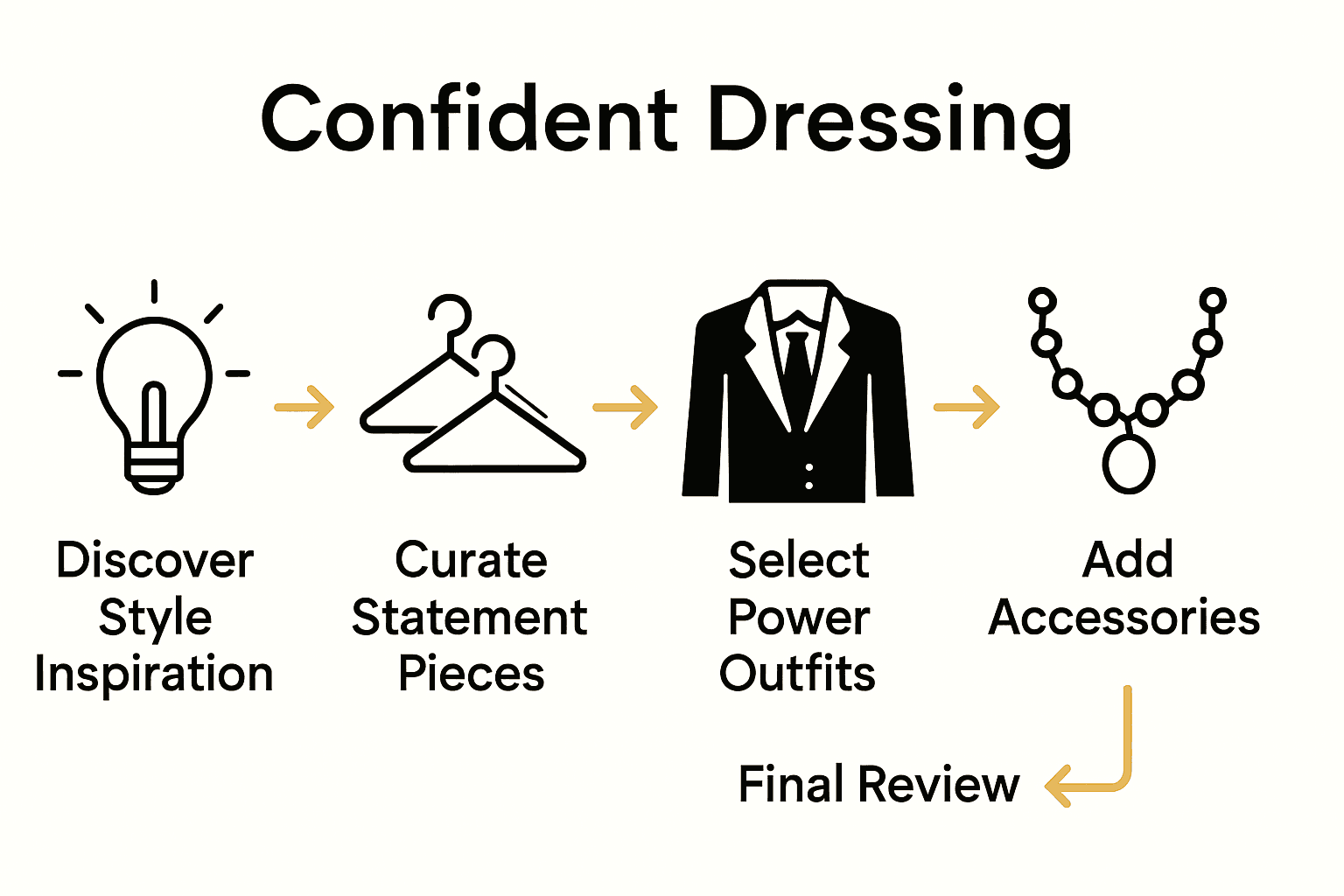 Infographic of five workflow steps for confident, bold dressing.