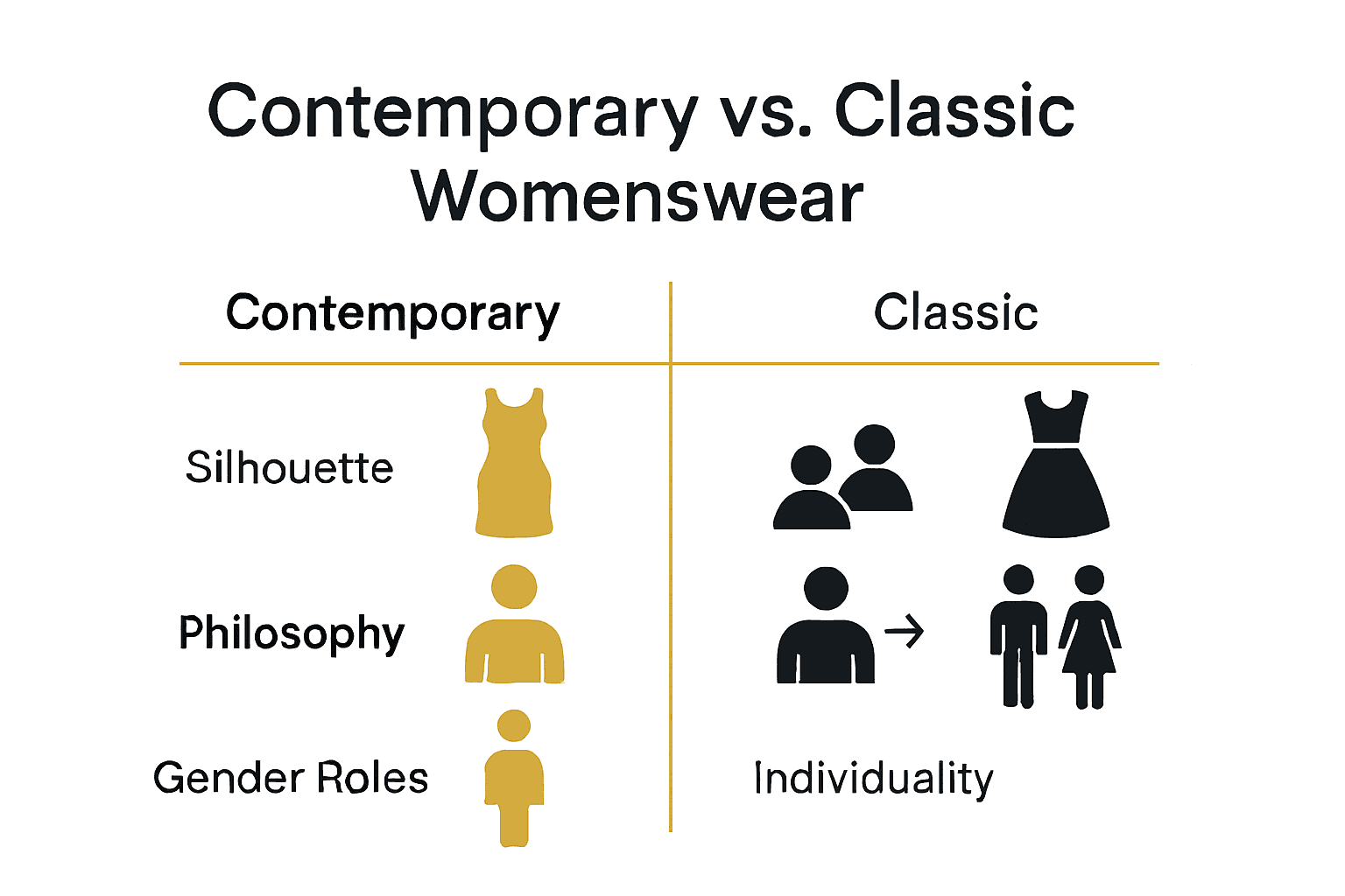 Comparison chart of contemporary and classic womenswear with icons representing fit and design differences.
