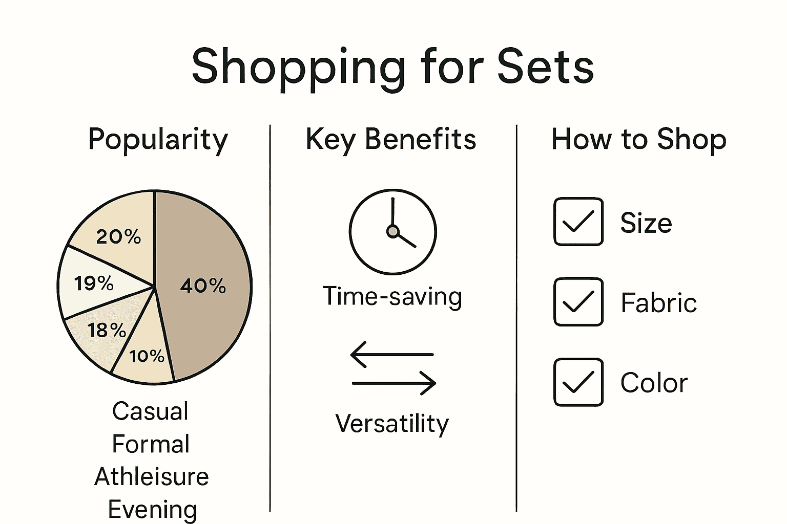 Infographic comparing womenswear set types, benefits, and shopping tips