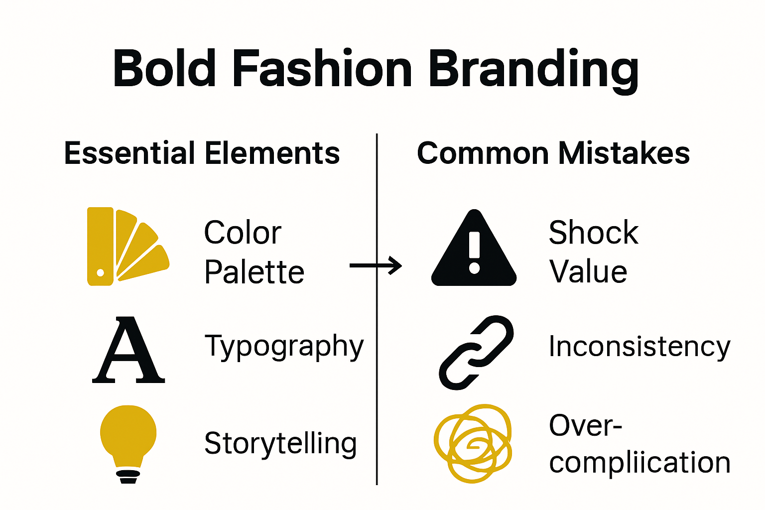 Infographic comparing key elements and common mistakes in bold fashion branding.
