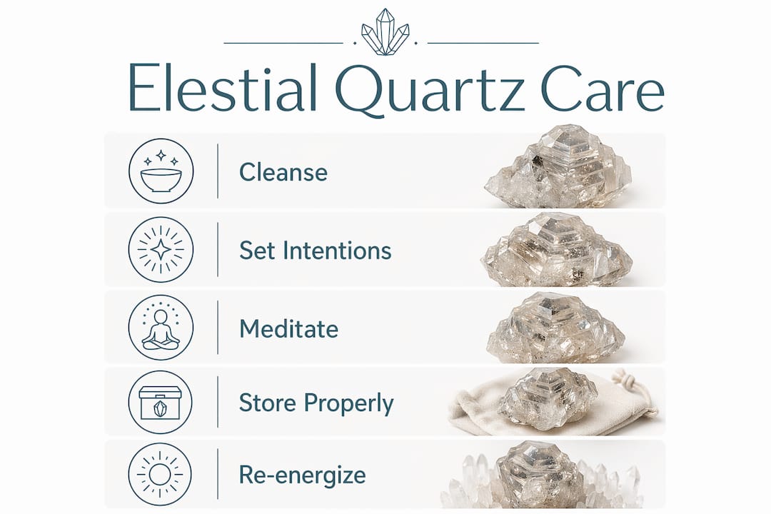 Infographic illustrating elestial quartz care steps