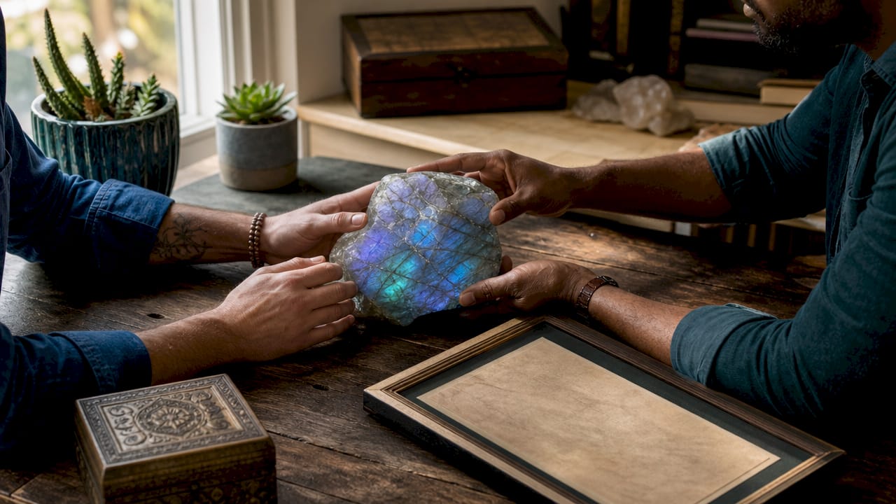 Hands holding amethyst and provenance document overhead view