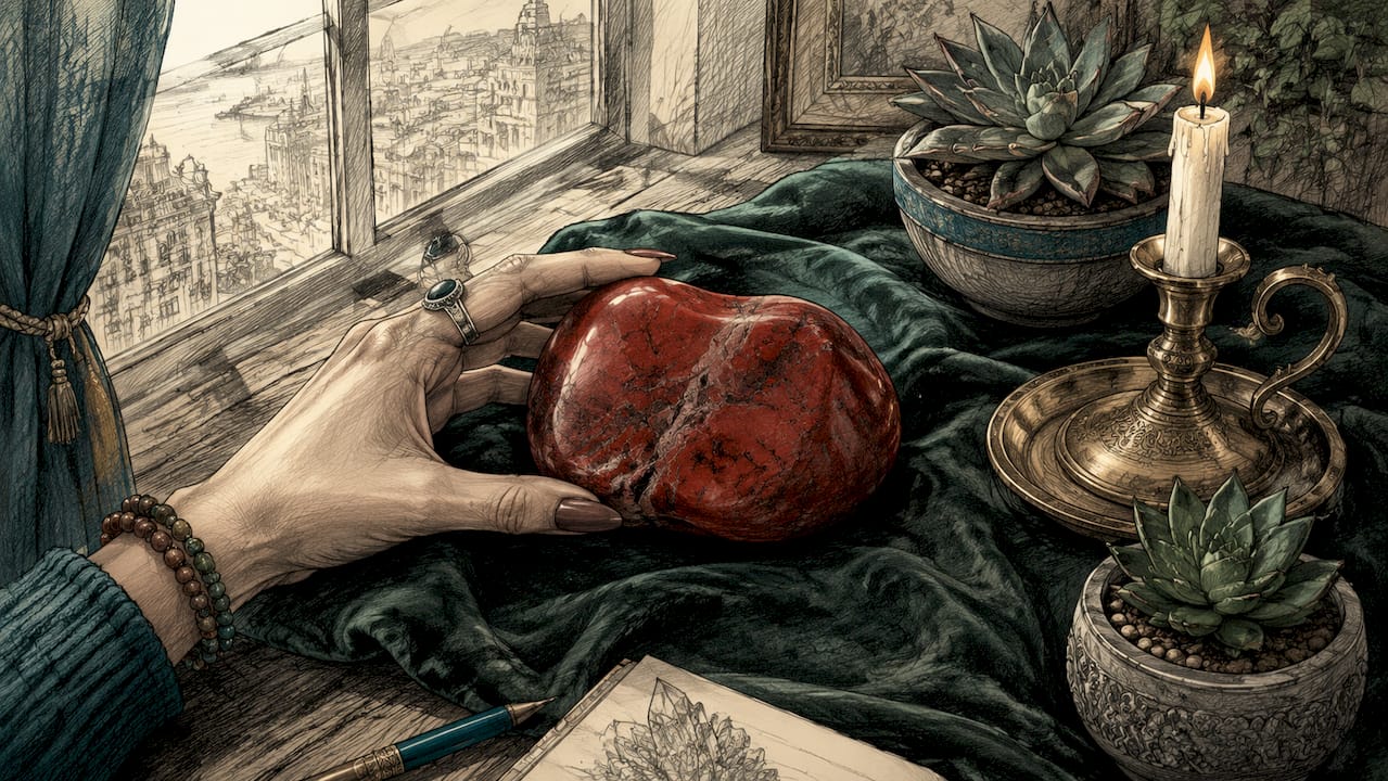 Close-up of red jasper stone on linen cloth with hand