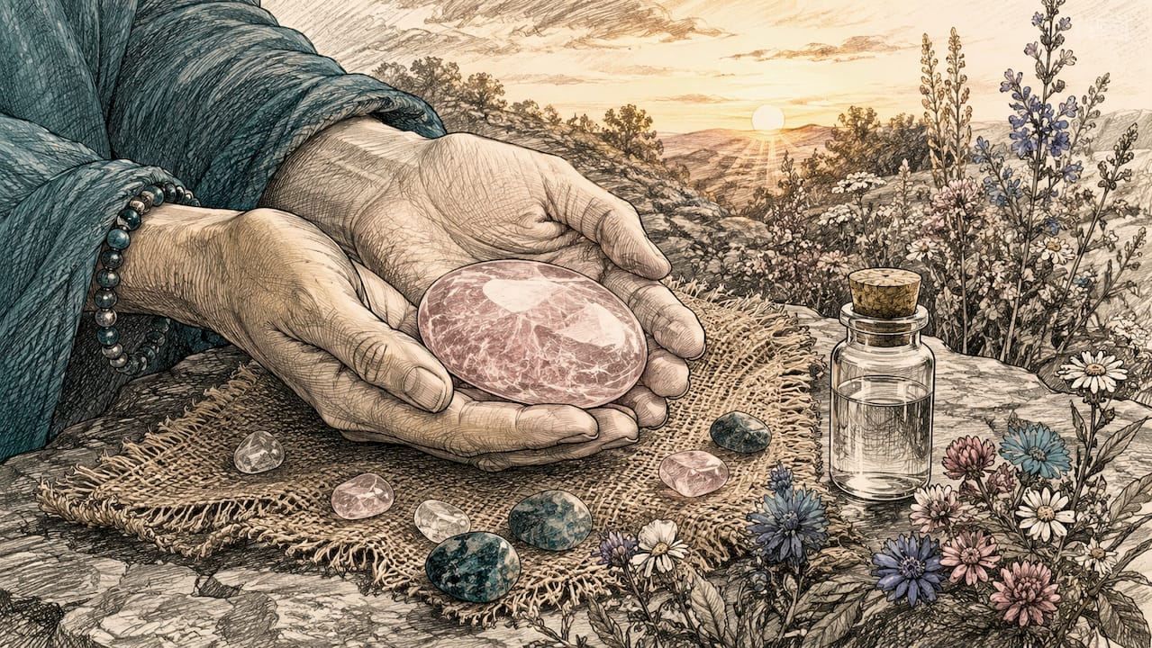 Close-up of hands holding amethyst crystal gently
