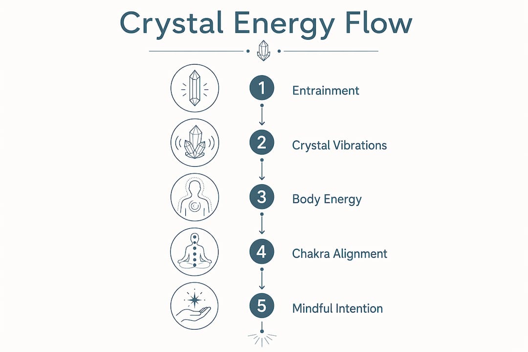 Infographic illustrating stages of crystal energy interaction with body