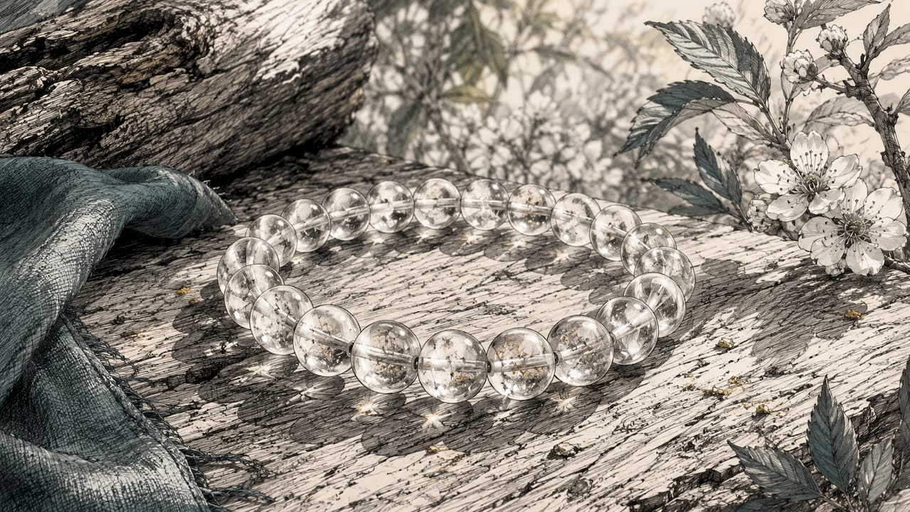 Close-up of quartz crystal bracelet on natural rock surface