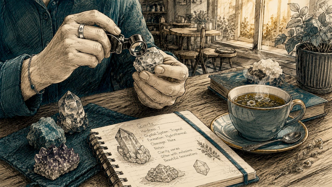 Hands inspecting crystal with jeweler's loupe