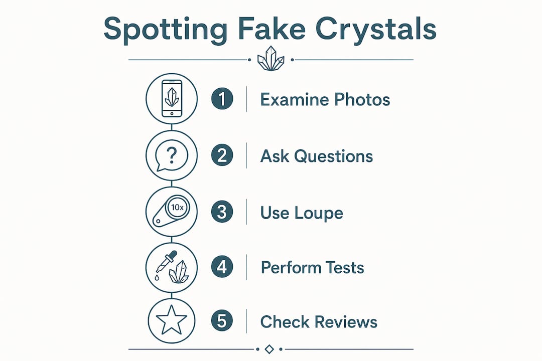 Infographic on steps to identify fake crystals