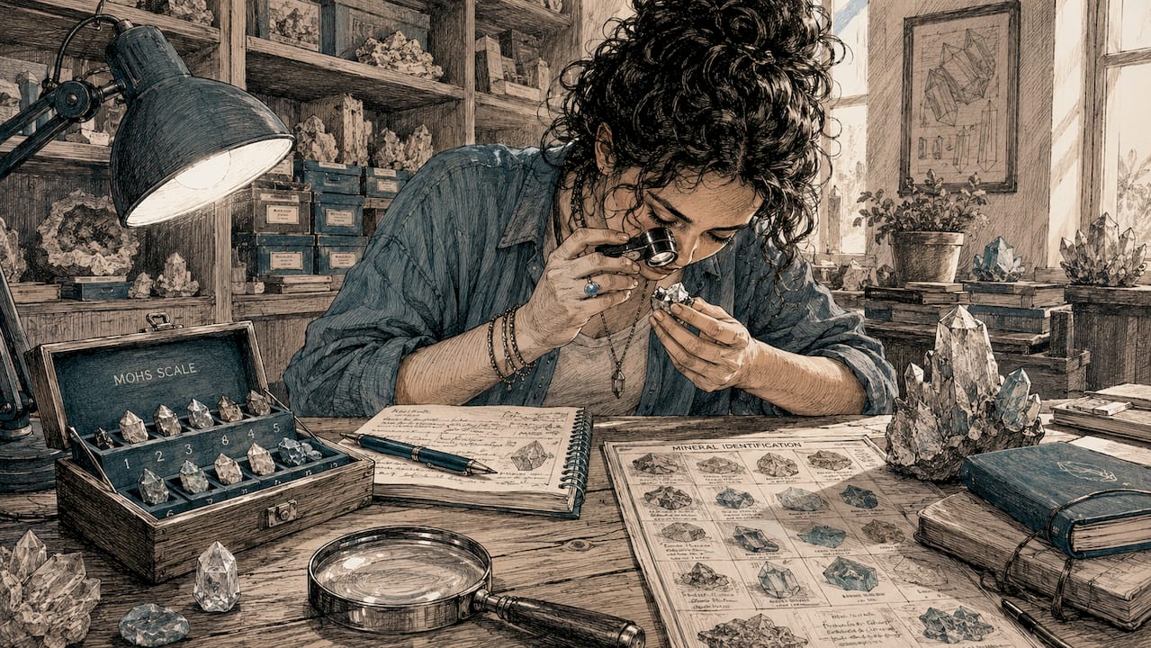 Person using loupe and tools to identify crystal specimen